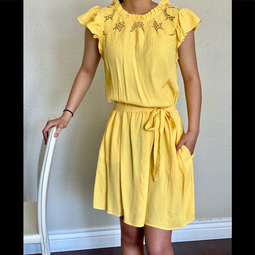 Loft- Yellow Eyelet Belted Flutter Shift Dress S